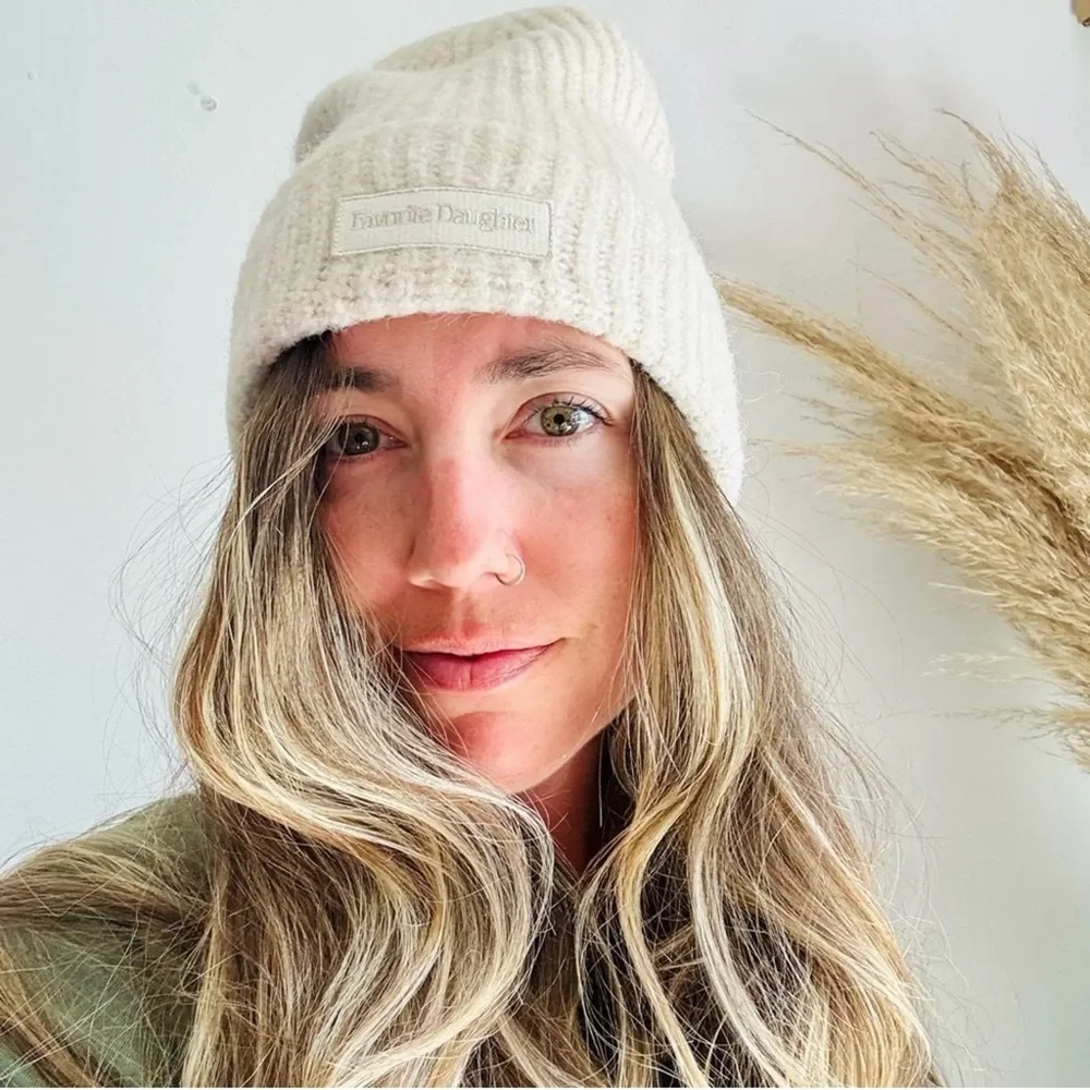 Favorite Daughter Ribbed Knit Logo Patch Winter Wool Beanie in Cream One Size